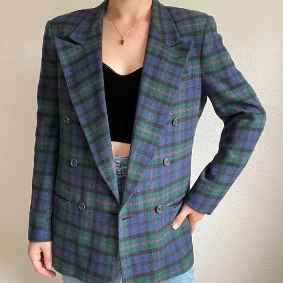 Vintage Womens 80s PBM Purple Green Camel Hair Double Breasted Blazer Plaid Sz M - Picture 12 of 12